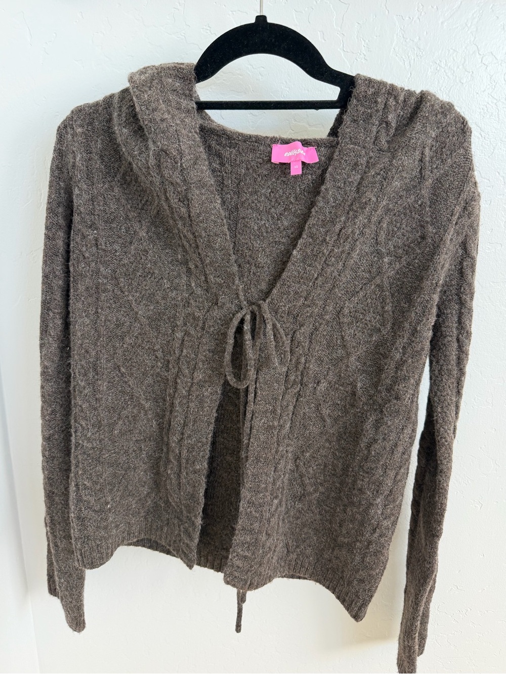 Edikted Brown Hooded Cable Knit Tie-Front Cardigan